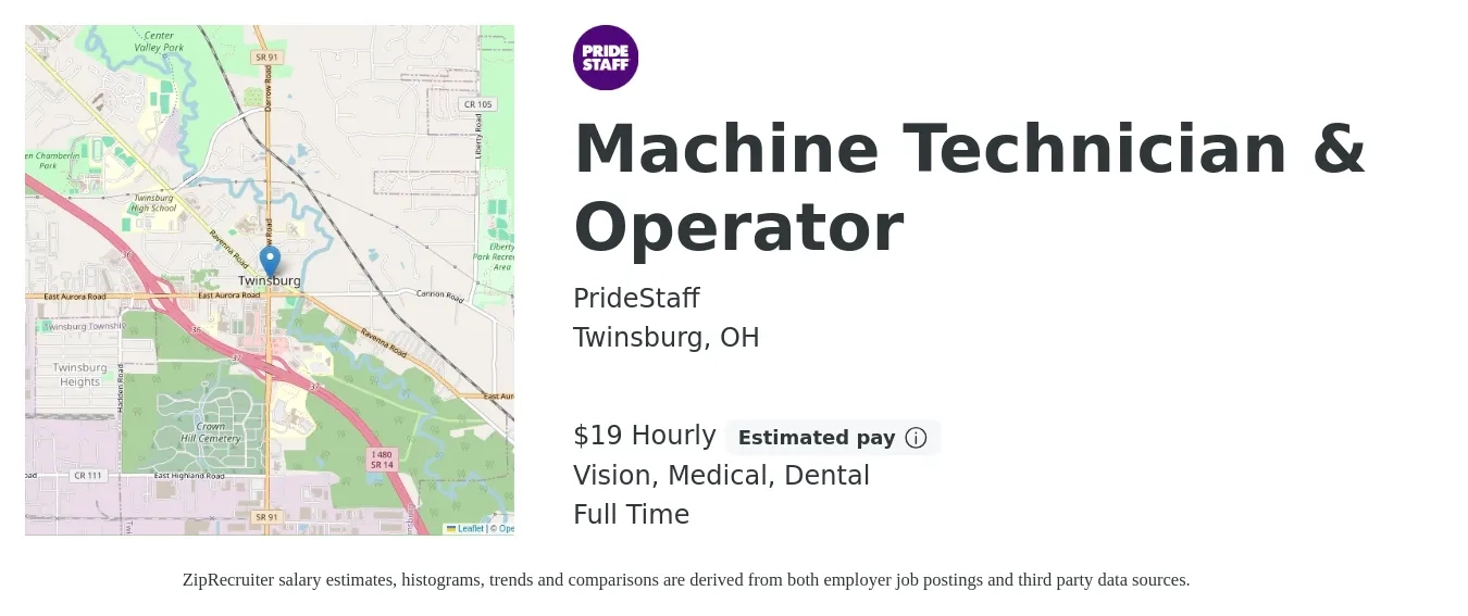 PrideStaff job posting for a Machine Technician & Operator in Twinsburg, OH with a salary of $20 Hourly and benefits including dental, life_insurance, medical, retirement, and vision with a map of Twinsburg location.