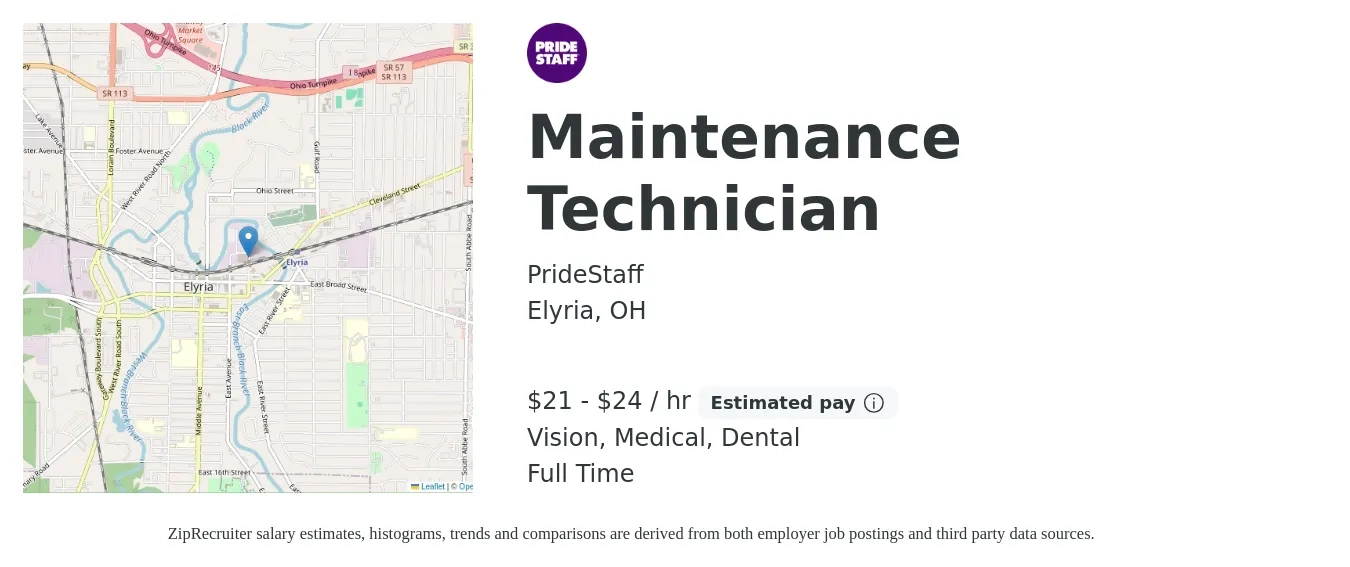 PrideStaff job posting for a Maintenance Technician in Elyria, OH with a salary of $22 to $25 Hourly and benefits including vision, dental, life_insurance, medical, and retirement with a map of Elyria location.