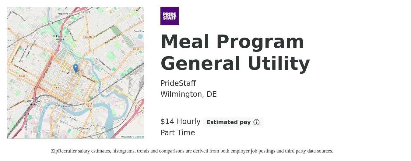 PrideStaff job posting for a Meal Program General Utility in Wilmington, DE with a salary of $15 Hourly with a map of Wilmington location.