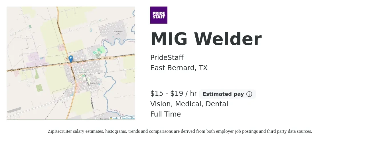 PrideStaff job posting for a MIG Welder in East Bernard, TX with a salary of $16 to $20 Hourly and benefits including retirement, vision, dental, and medical with a map of East Bernard location.