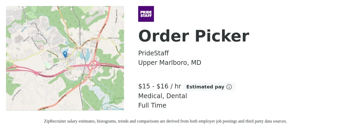 PrideStaff job posting for a Order Picker in Upper Marlboro, MD with a salary of $16 to $17 Hourly and benefits including dental, life_insurance, and medical with a map of Upper Marlboro location.