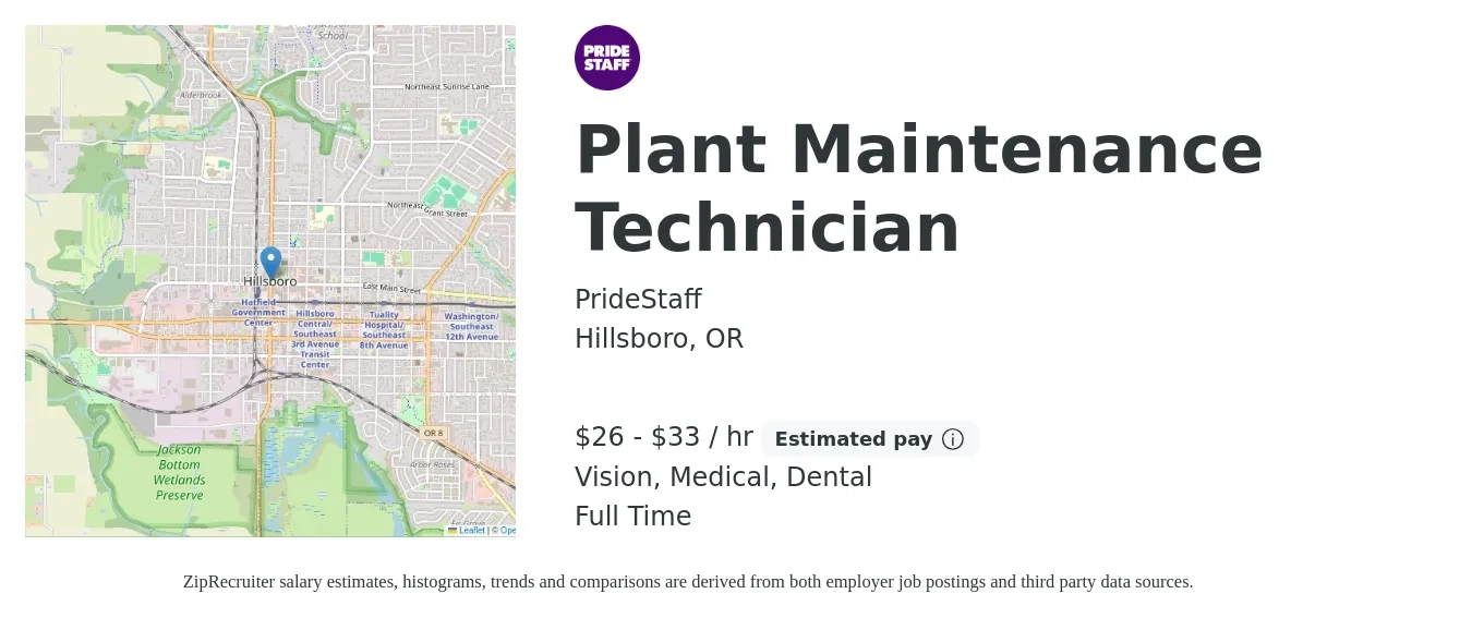 PrideStaff job posting for a Plant Maintenance Technician in Hillsboro, OR with a salary of $28 to $35 Hourly and benefits including vision, dental, life_insurance, medical, pto, and retirement with a map of Hillsboro location.