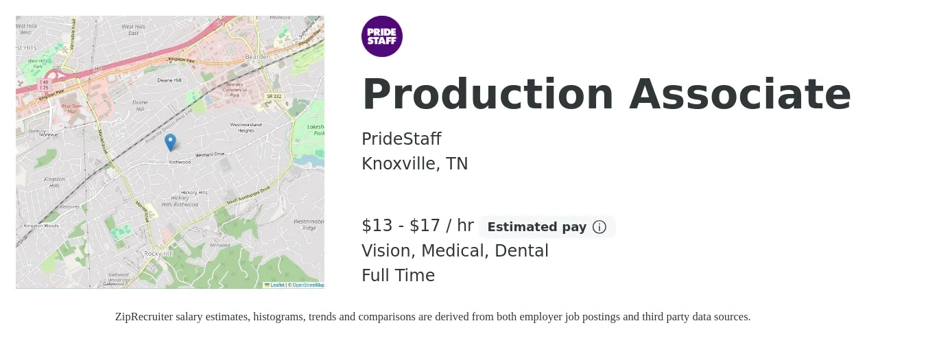 PrideStaff job posting for a Production Associate in Knoxville, TN with a salary of $14 to $18 Hourly and benefits including dental, medical, and vision with a map of Knoxville location.