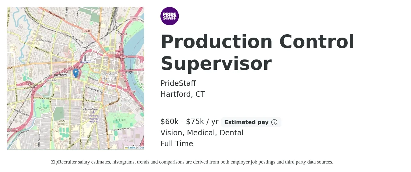 PrideStaff job posting for a Production Control Supervisor in Hartford, CT with a salary of $50,000 to $60,000 Yearly and benefits including dental, life_insurance, medical, retirement, and vision with a map of Hartford location.