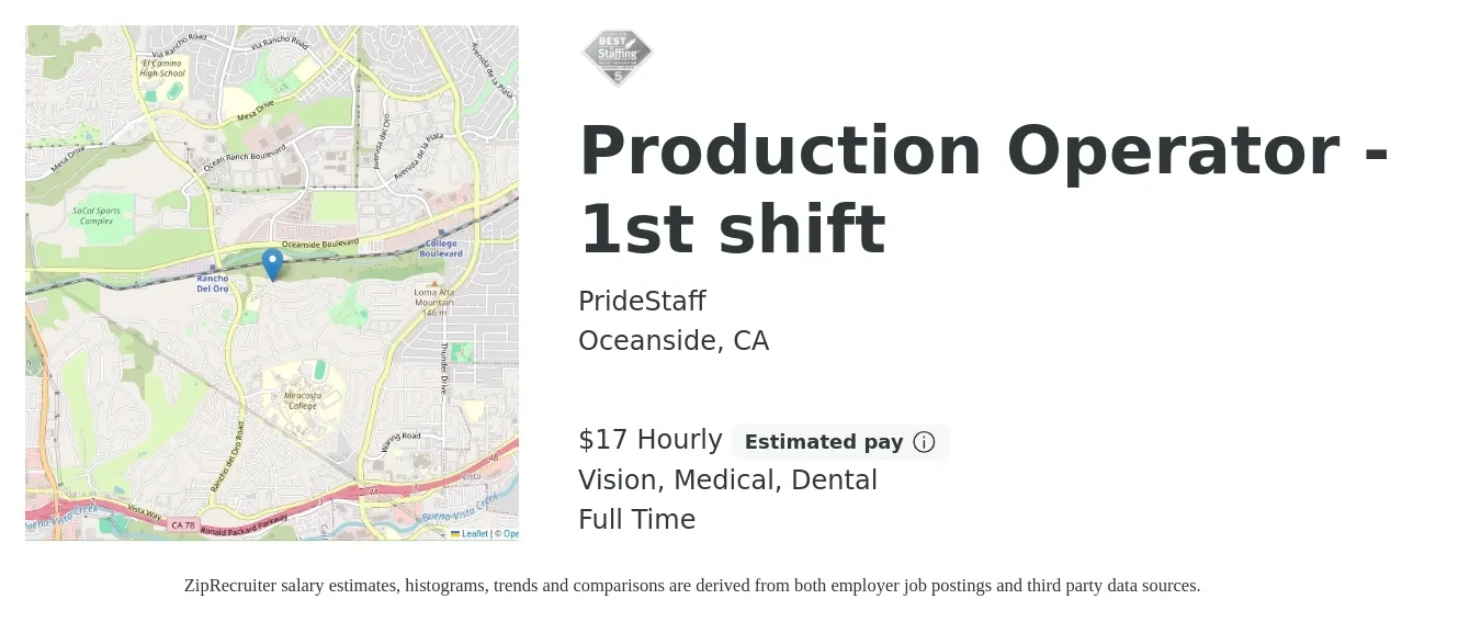 PrideStaff job posting for a Production Operator - 1st shift in Oceanside, CA with a salary of $18 Hourly and benefits including retirement, vision, dental, and medical with a map of Oceanside location.