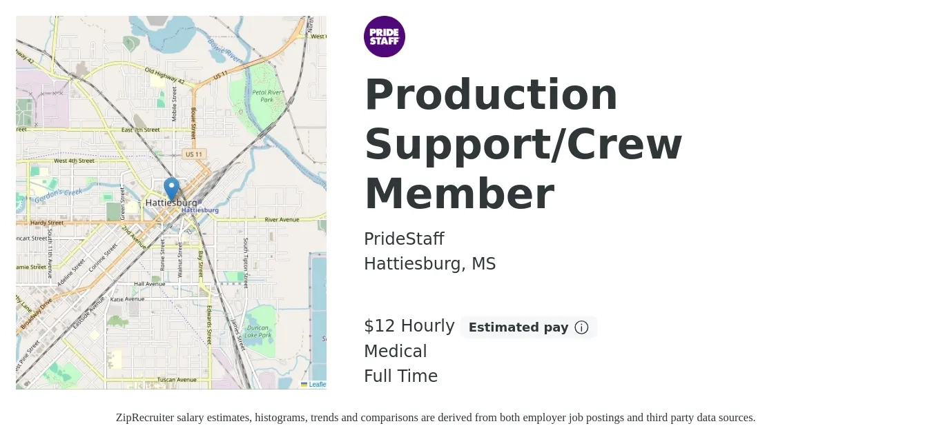 PrideStaff job posting for a Production Support/Crew Member in Hattiesburg, MS with a salary of $13 Hourly and benefits including medical with a map of Hattiesburg location.