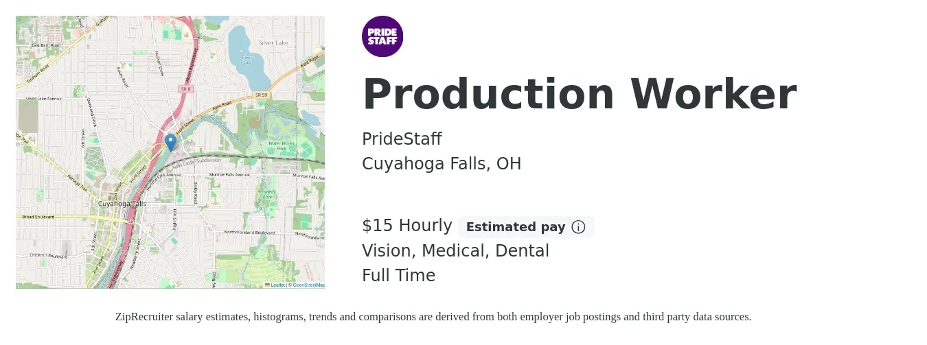 PrideStaff job posting for a Production Worker in Cuyahoga Falls, OH with a salary of $16 to $16 Hourly and benefits including vision, dental, life_insurance, medical, and retirement with a map of Cuyahoga Falls location.