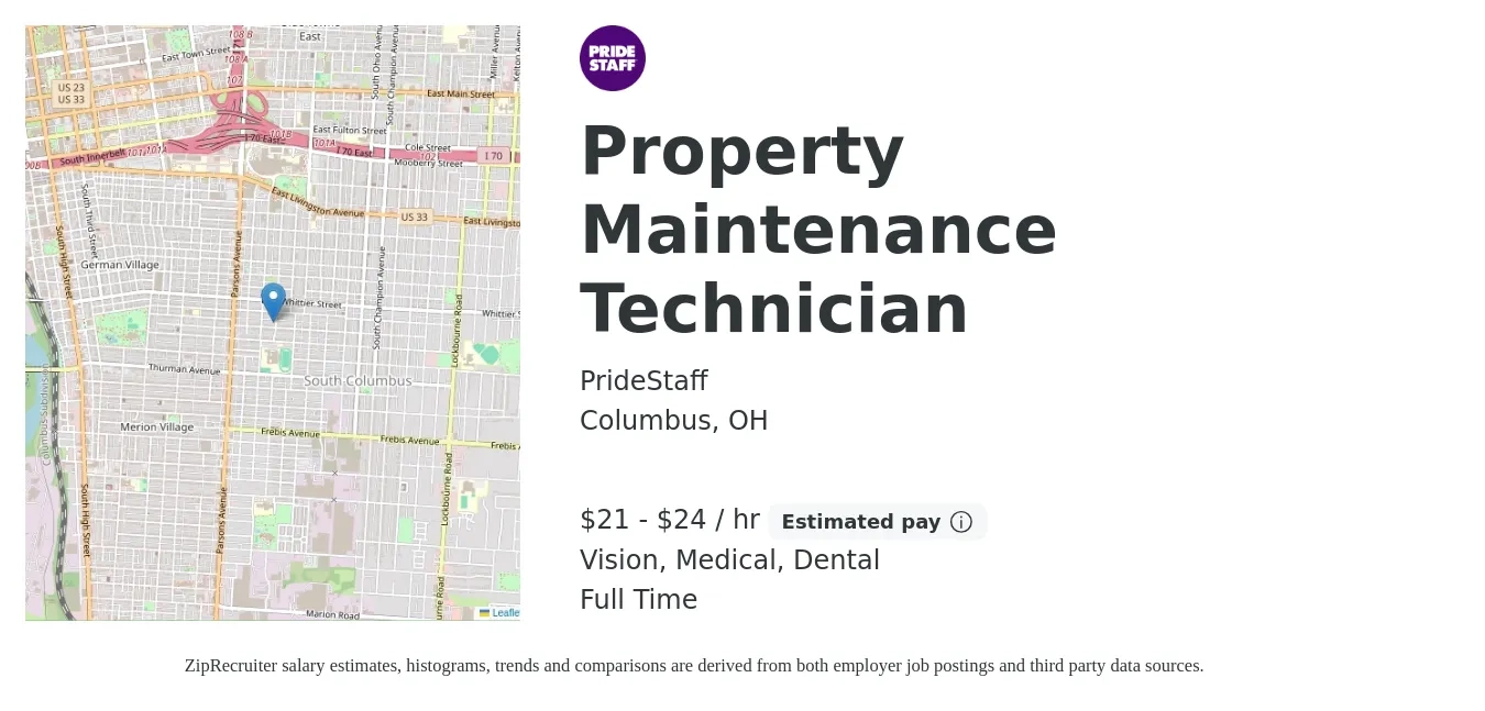 PrideStaff job posting for a Property Maintenance Technician in Columbus, OH with a salary of $22 to $25 Hourly and benefits including retirement, vision, dental, life_insurance, and medical with a map of Columbus location.