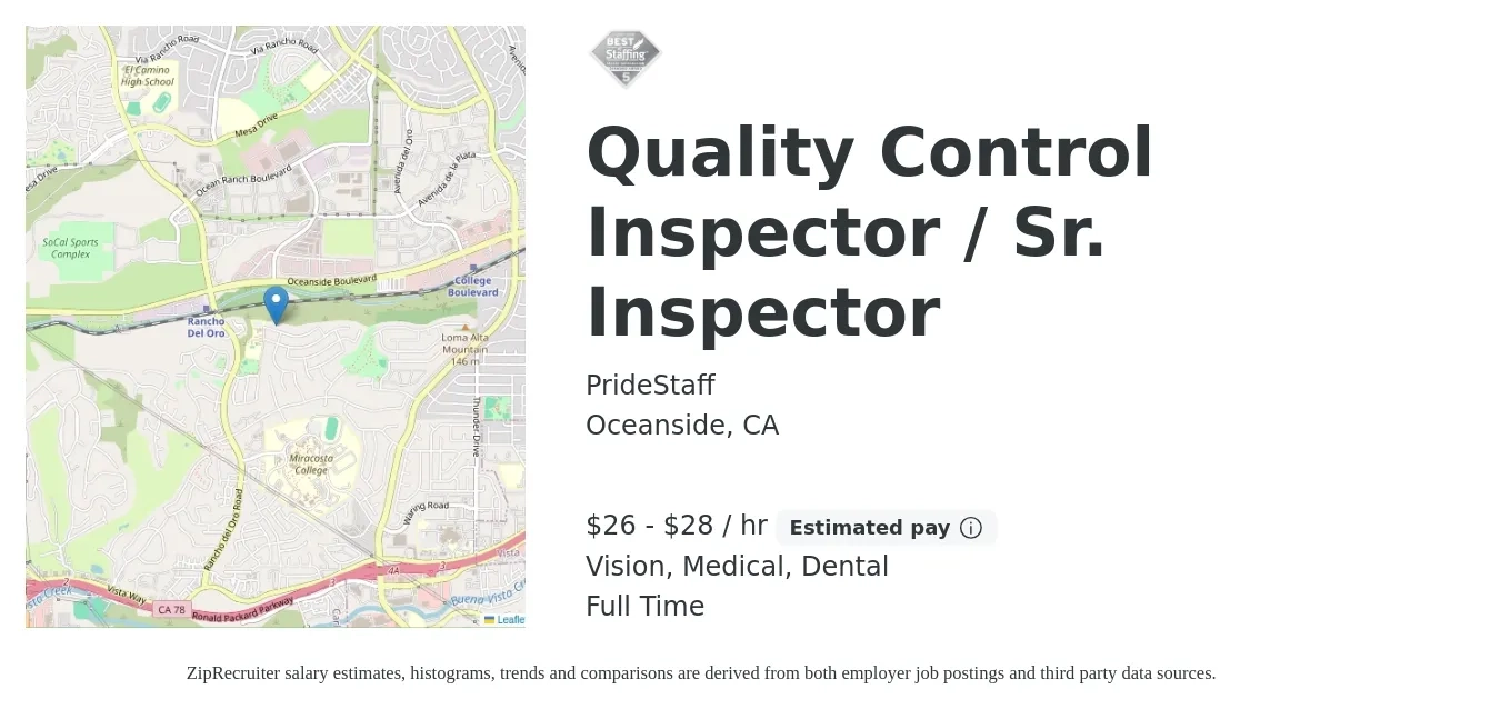 PrideStaff job posting for a Quality Control Inspector / Sr. Inspector in Oceanside, CA with a salary of $28 to $30 Hourly and benefits including dental, medical, retirement, and vision with a map of Oceanside location.
