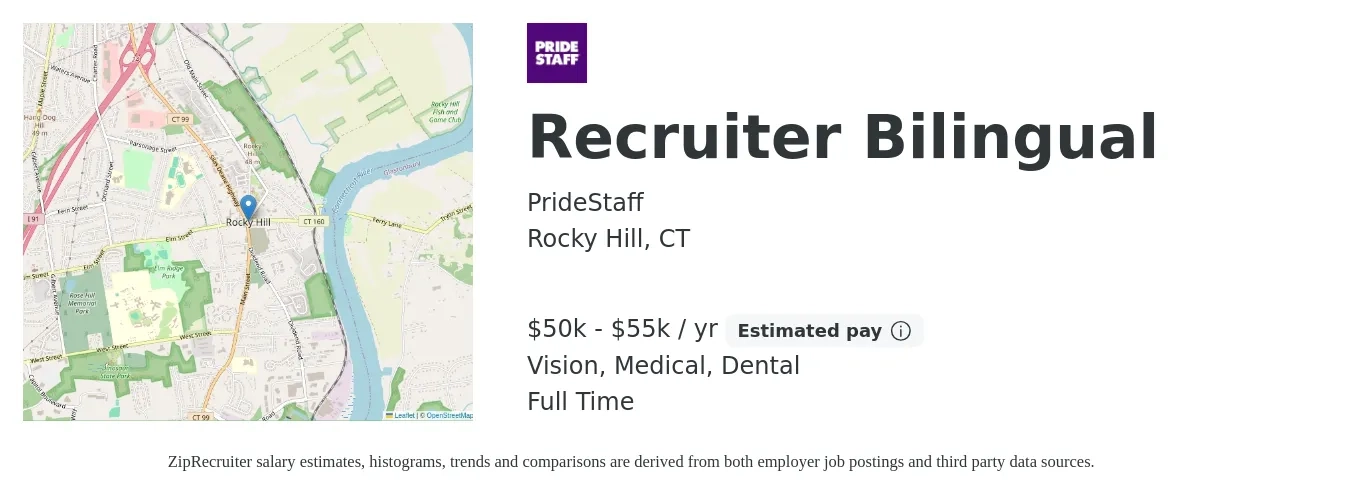 PrideStaff job posting for a Recruiter Bilingual in Rocky Hill, CT with a salary of $50,000 to $55,000 Yearly (plus commission) and benefits including retirement, vision, dental, and medical with a map of Rocky Hill location.