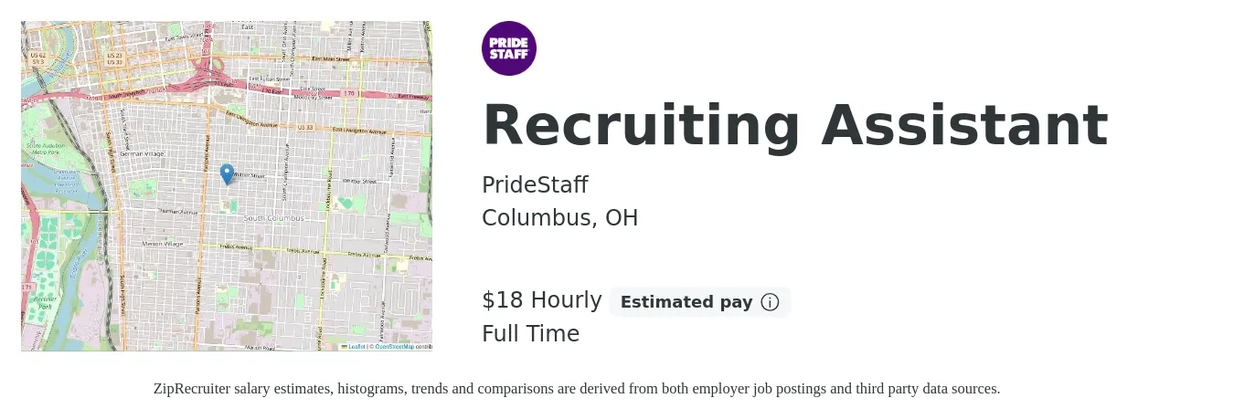 PrideStaff job posting for a Recruiting Assistant in Columbus, OH with a salary of $19 Hourly (plus commission) and benefits including pto with a map of Columbus location.