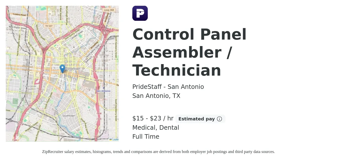 PrideStaff - San Antonio job posting for a Control Panel Assembler / Technician in San Antonio, TX with a salary of $16 to $24 Hourly and benefits including dental, and medical with a map of San Antonio location.