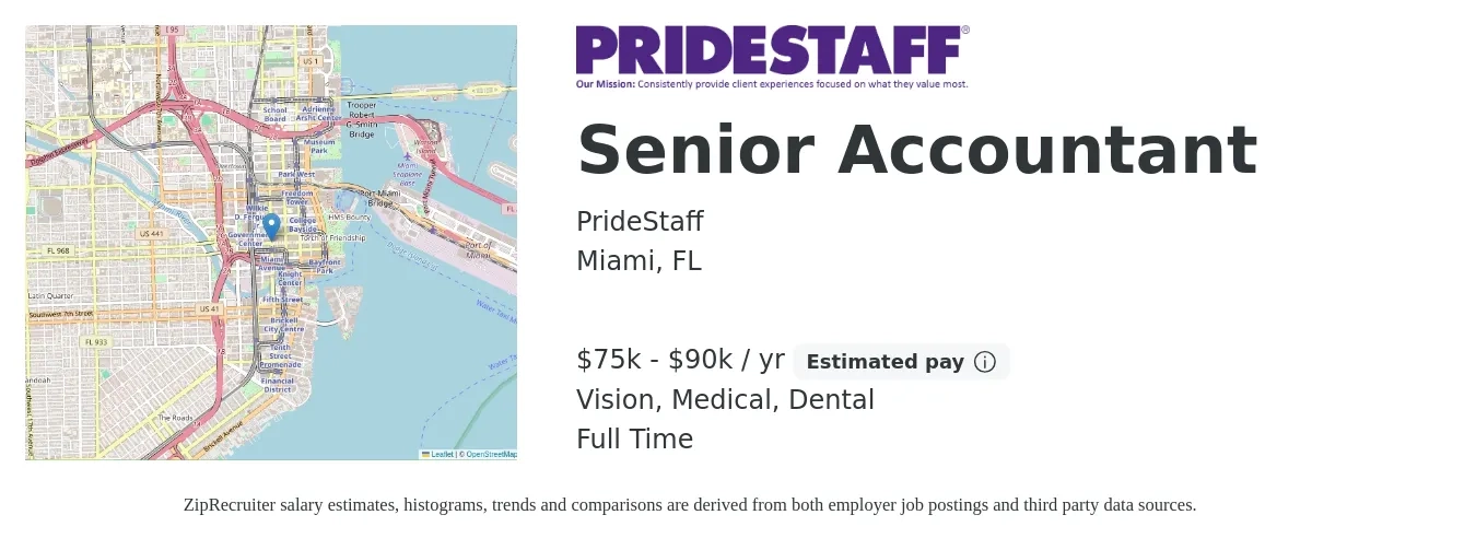 PrideStaff job posting for a Senior Accountant in Miami, FL with a salary of $75,000 to $90,000 Yearly and benefits including medical, retirement, vision, and dental with a map of Miami location.