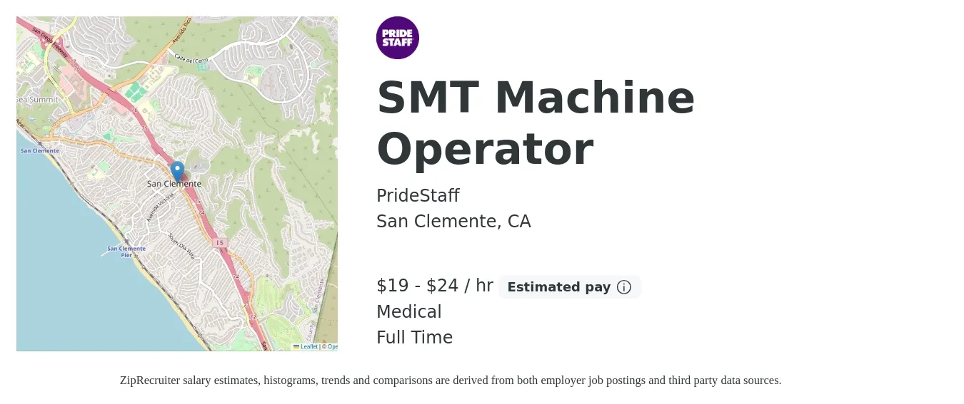 PrideStaff job posting for a SMT Machine Operator in San Clemente, CA with a salary of $20 to $25 Hourly and benefits including medical with a map of San Clemente location.