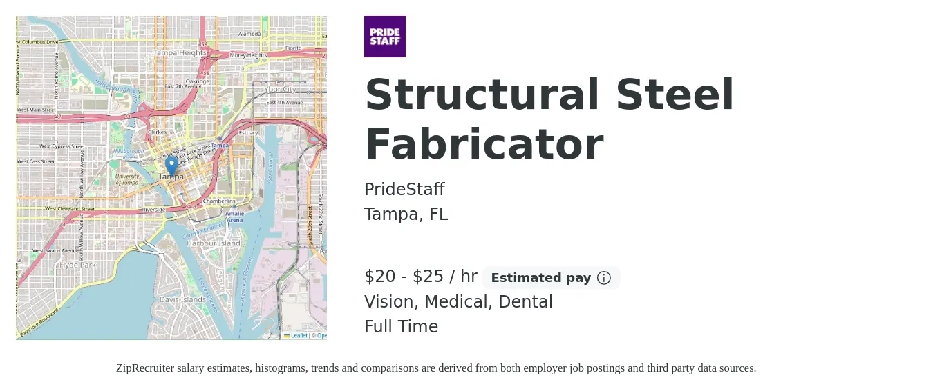 PrideStaff job posting for a Structural Steel Fabricator in Tampa, FL with a salary of $21 to $26 Hourly and benefits including dental, medical, retirement, and vision with a map of Tampa location.