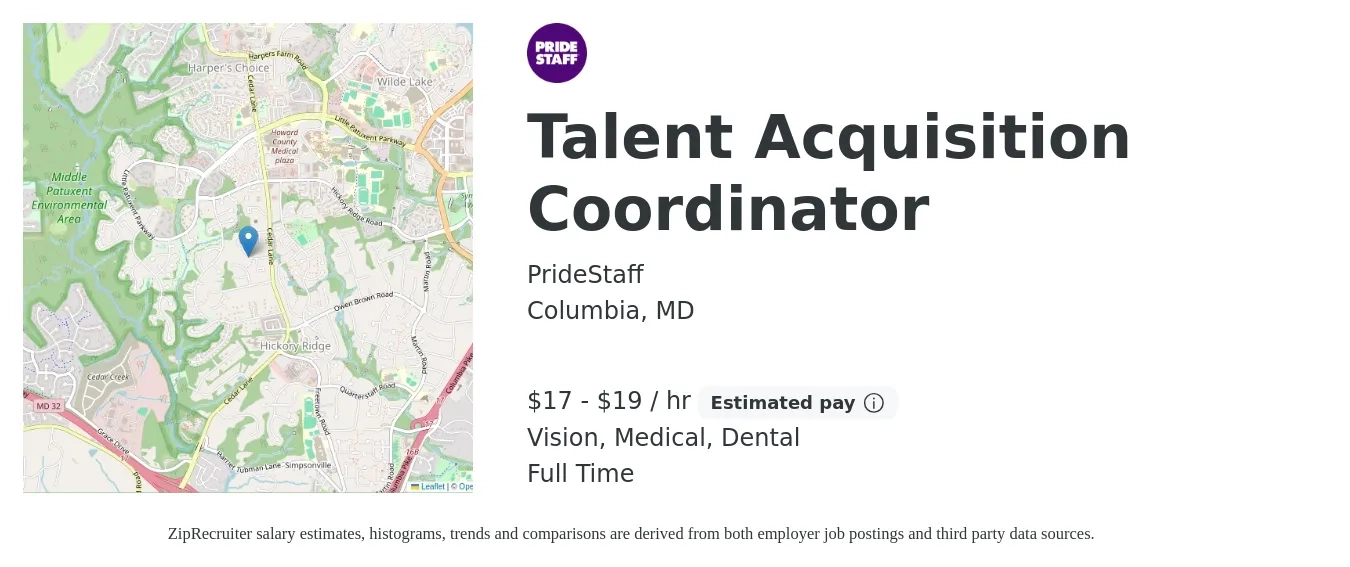 PrideStaff job posting for a Talent Acquisition Coordinator in Columbia, MD with a salary of $18 to $20 Hourly and benefits including dental, life_insurance, medical, retirement, and vision with a map of Columbia location.