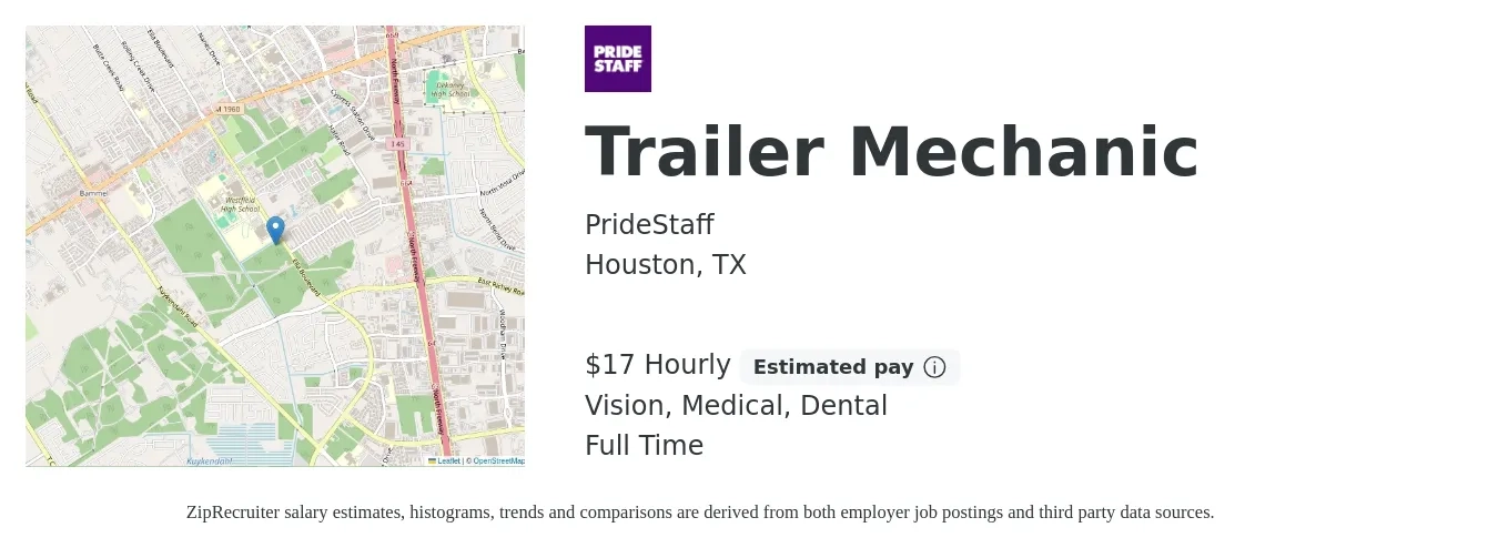 PrideStaff job posting for a Trailer Mechanic in Houston, TX with a salary of $18 Hourly and benefits including vision, dental, and medical with a map of Houston location.