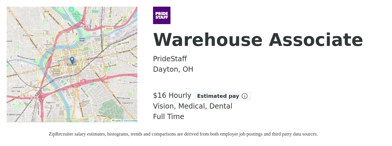 PrideStaff job posting for a Warehouse Associate in Dayton, OH with a salary of $17 Hourly and benefits including dental, medical, and vision with a map of Dayton location.