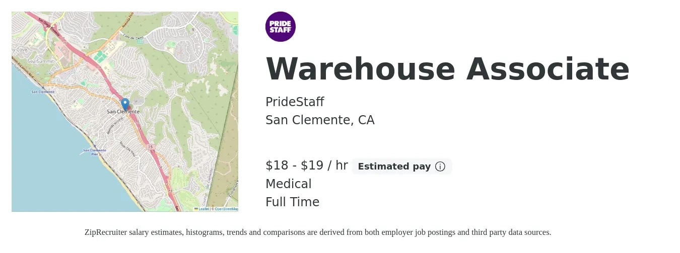 PrideStaff job posting for a Warehouse Associate in San Clemente, CA with a salary of $19 to $20 Hourly and benefits including medical with a map of San Clemente location.