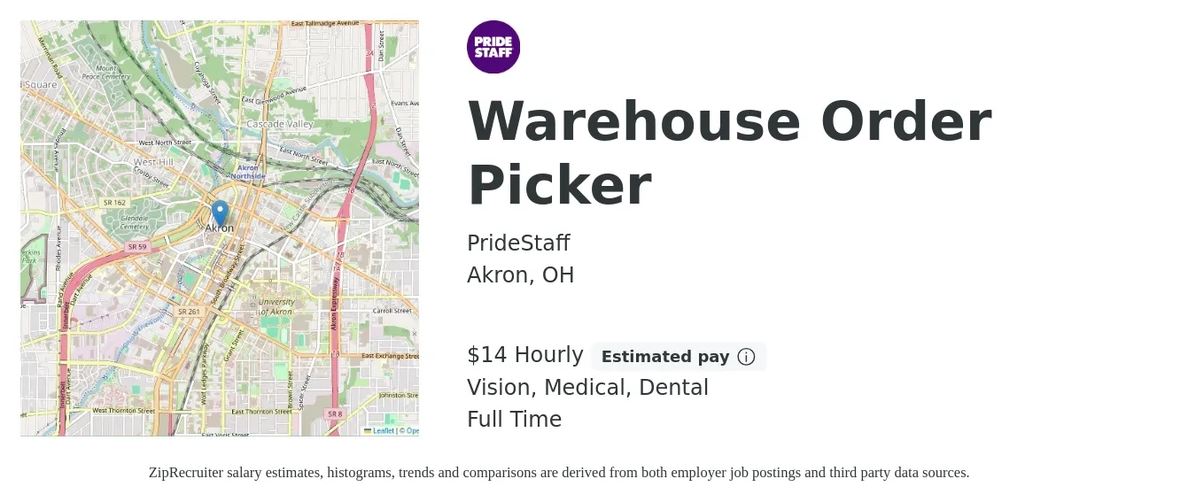 PrideStaff job posting for a Warehouse Order Picker in Akron, OH with a salary of $16 Hourly and benefits including retirement, vision, dental, life_insurance, and medical with a map of Akron location.