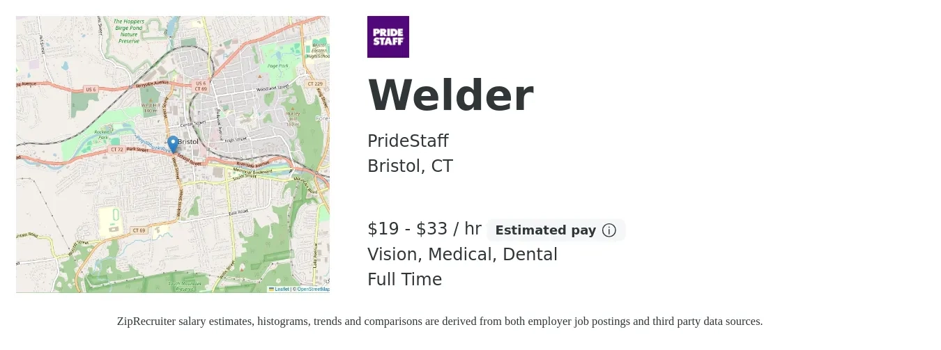 PrideStaff job posting for a Welder in Bristol, CT with a salary of $20 to $35 Hourly and benefits including dental, life_insurance, medical, retirement, and vision with a map of Bristol location.