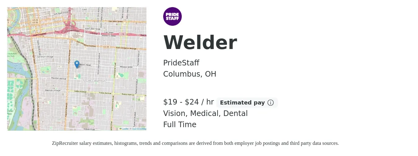 PrideStaff job posting for a Welder in Columbus, OH with a salary of $20 to $25 Hourly and benefits including pto, retirement, vision, dental, and medical with a map of Columbus location.