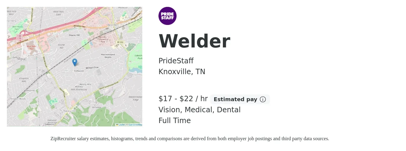 PrideStaff job posting for a Welder in Knoxville, TN with a salary of $18 to $23 Hourly and benefits including vision, dental, and medical with a map of Knoxville location.