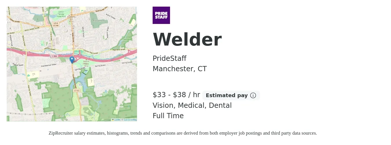 PrideStaff job posting for a Welder in Manchester, CT with a salary of $20 to $40 Hourly and benefits including dental, life_insurance, medical, retirement, and vision with a map of Manchester location.