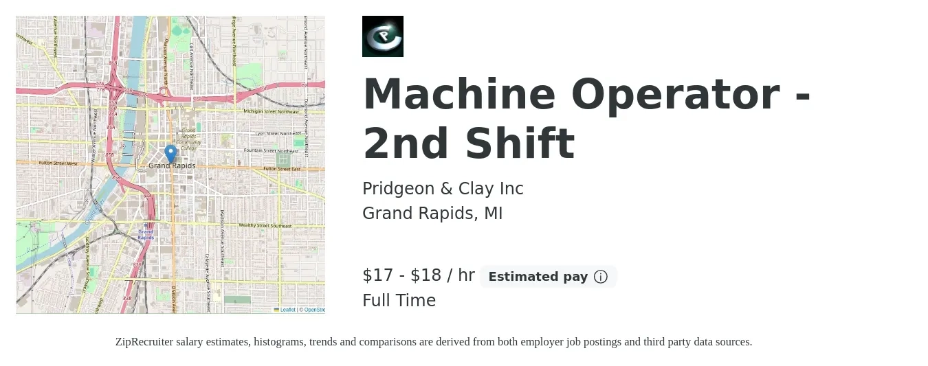 Pridgeon & Clay Inc job posting for a Machine Operator (2nd Shift) in Grand Rapids, MI with a salary of $18 to $19 Hourly with a map of Grand Rapids location.