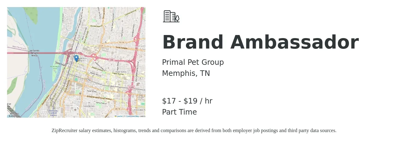 Primal Pet Group job posting for a Brand Ambassador in Memphis, TN with a salary of $18 to $21 Hourly with a map of Memphis location.