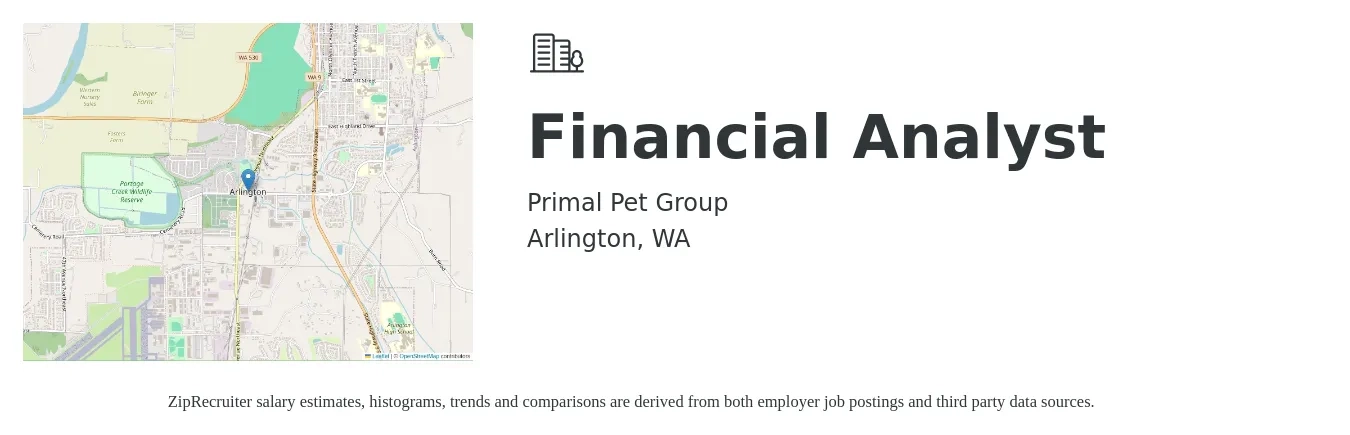 Primal Pet Group job posting for a Financial Analyst in Arlington, WA with a salary of $77,500 to $122,400 Yearly with a map of Arlington location.