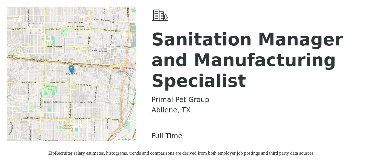 Primal Pet Group job posting for a Sanitation Manager and Manufacturing Specialist in Abilene, TX with a salary of $90,000 to $100,000 Yearly with a map of Abilene location.