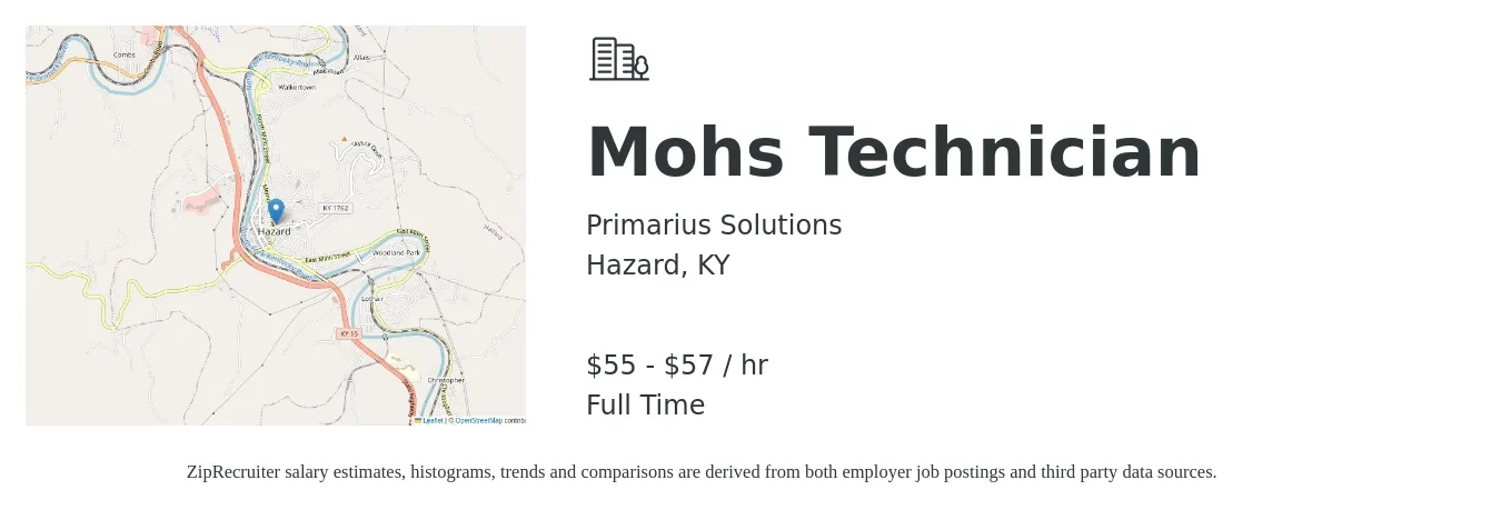 Primarius Solutions job posting for a Mohs Technician in Hazard, KY with a salary of $58 to $60 Hourly with a map of Hazard location.