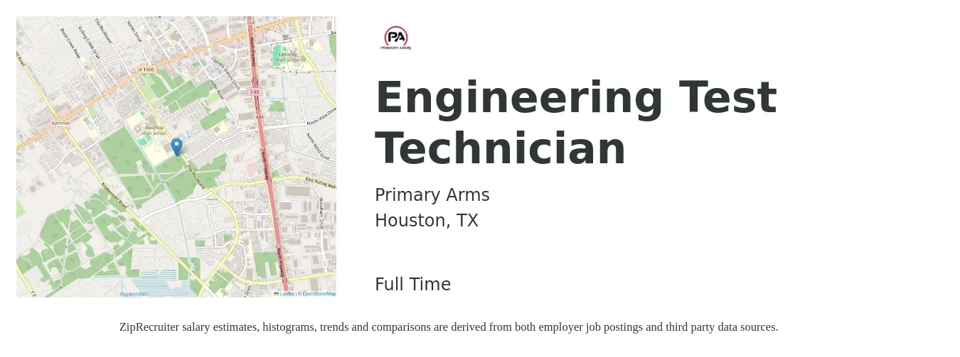 Primary Arms job posting for a Engineering Test Technician in Houston, TX with a salary of $43,800 to $67,100 Yearly with a map of Houston location.