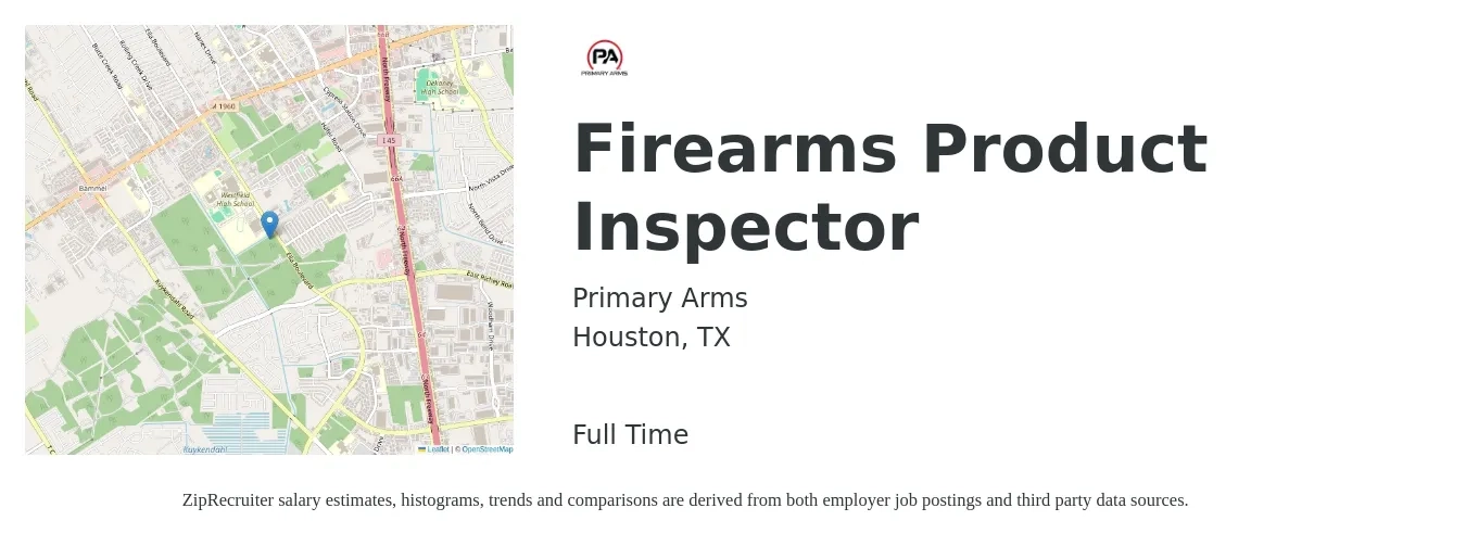 Primary Arms job posting for a Firearms Product Inspector in Houston, TX with a salary of $16 to $22 Hourly with a map of Houston location.