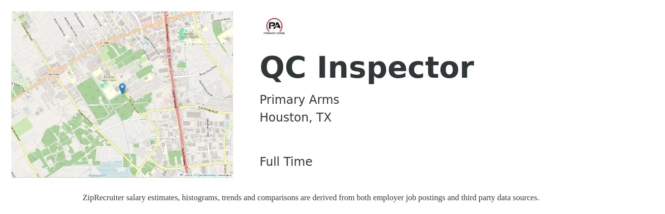 Primary Arms job posting for a QC Inspector in Houston, TX with a salary of $17 to $23 Hourly with a map of Houston location.