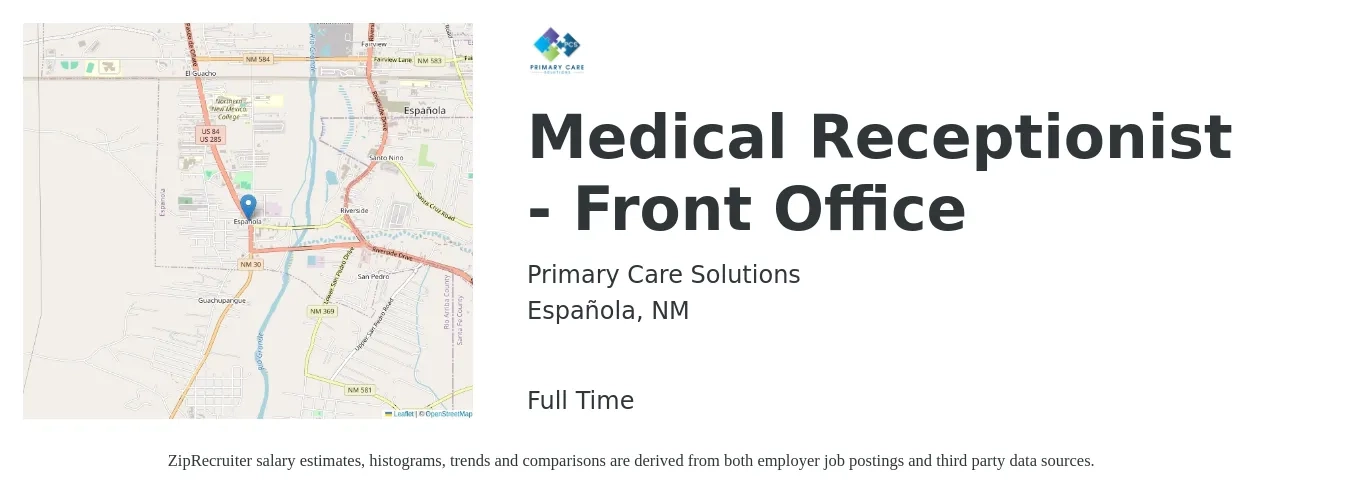 Primary Care Solutions job posting for a Medical Receptionist - Front Office in Española, NM with a salary of $16 to $20 Hourly with a map of Española location.