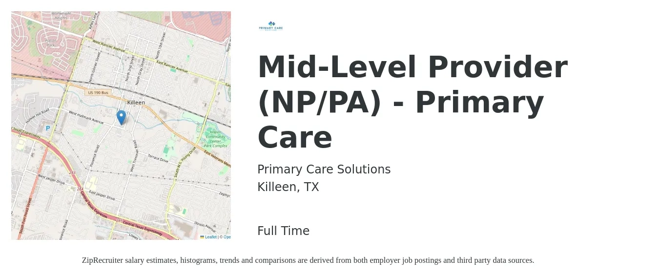 Primary Care Solutions job posting for a Mid-Level Provider (NP/PA) - Primary Care in Killeen, TX with a salary of $91,600 to $125,100 Yearly with a map of Killeen location.