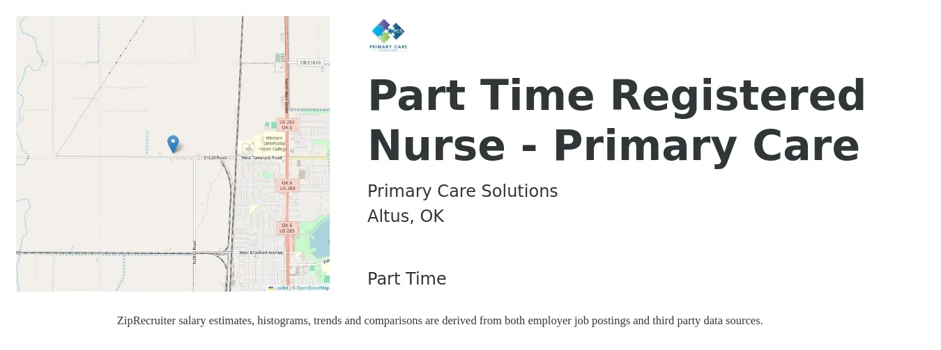 Primary Care Solutions job posting for a Part Time Registered Nurse - Primary Care in Altus, OK with a salary of $29 to $46 Hourly with a map of Altus location.