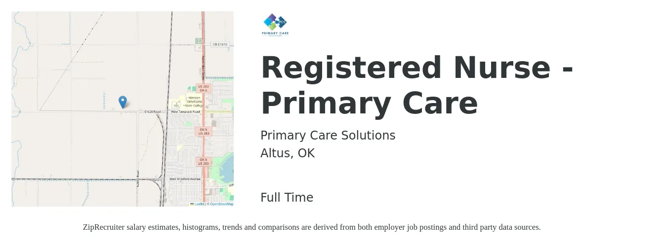 Primary Care Solutions job posting for a Registered Nurse - Primary Care in Altus, OK with a salary of $29 to $46 Hourly with a map of Altus location.
