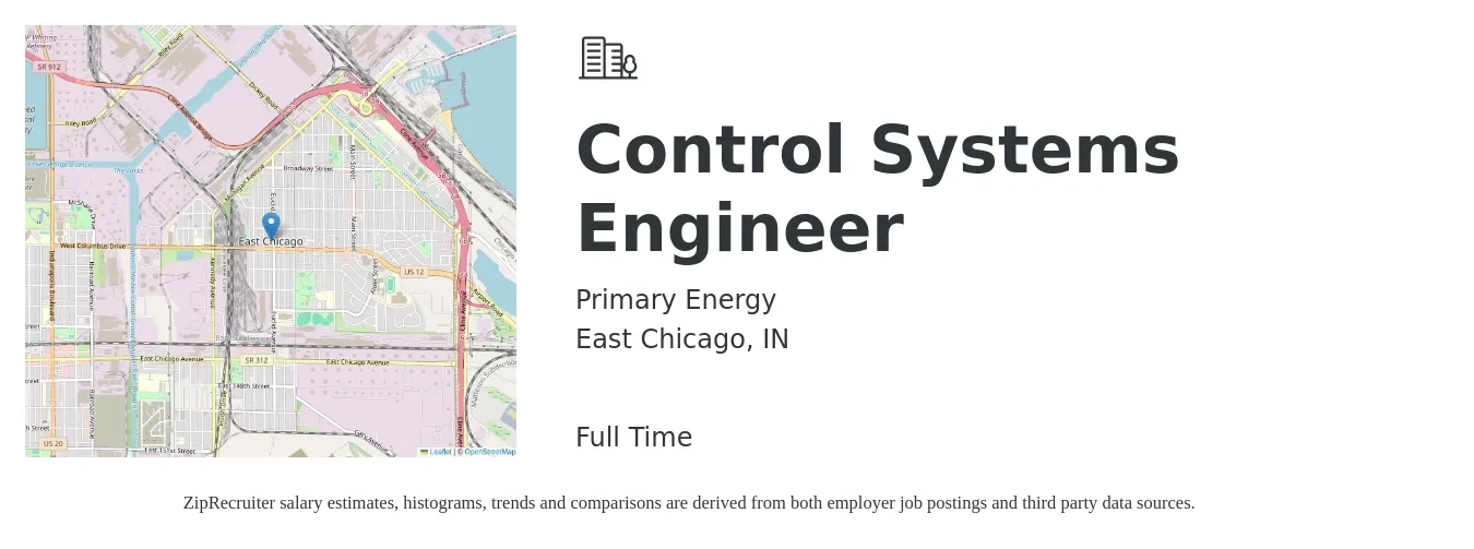 Primary Energy job posting for a Control Systems Engineer in East Chicago, IN with a salary of $81,400 to $122,500 Yearly with a map of East Chicago location.