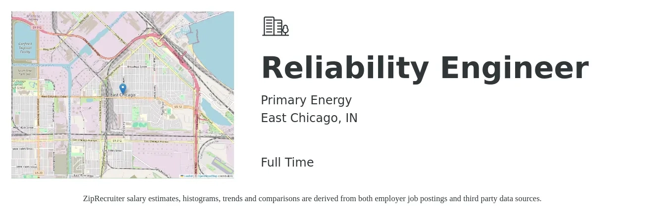 Primary Energy job posting for a Reliability Engineer in East Chicago, IN with a salary of $99,300 to $125,000 Yearly with a map of East Chicago location.