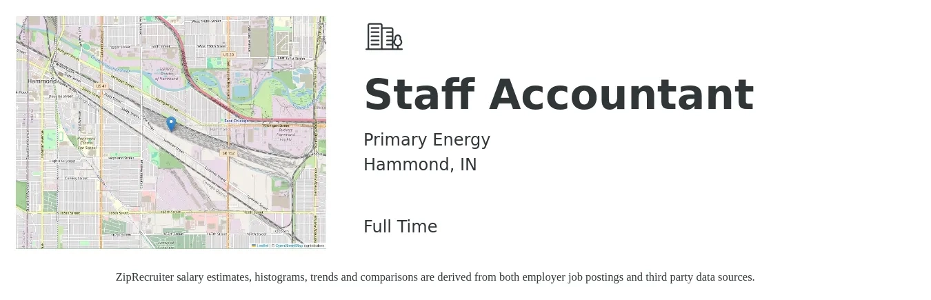 Primary Energy job posting for a Staff Accountant in Hammond, IN with a salary of $60,000 to $80,000 Yearly with a map of Hammond location.