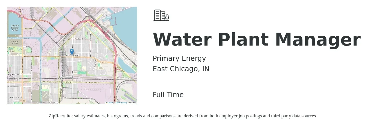 Primary Energy job posting for a Water Plant Manager in East Chicago, IN with a salary of $42,600 to $63,900 Yearly with a map of East Chicago location.