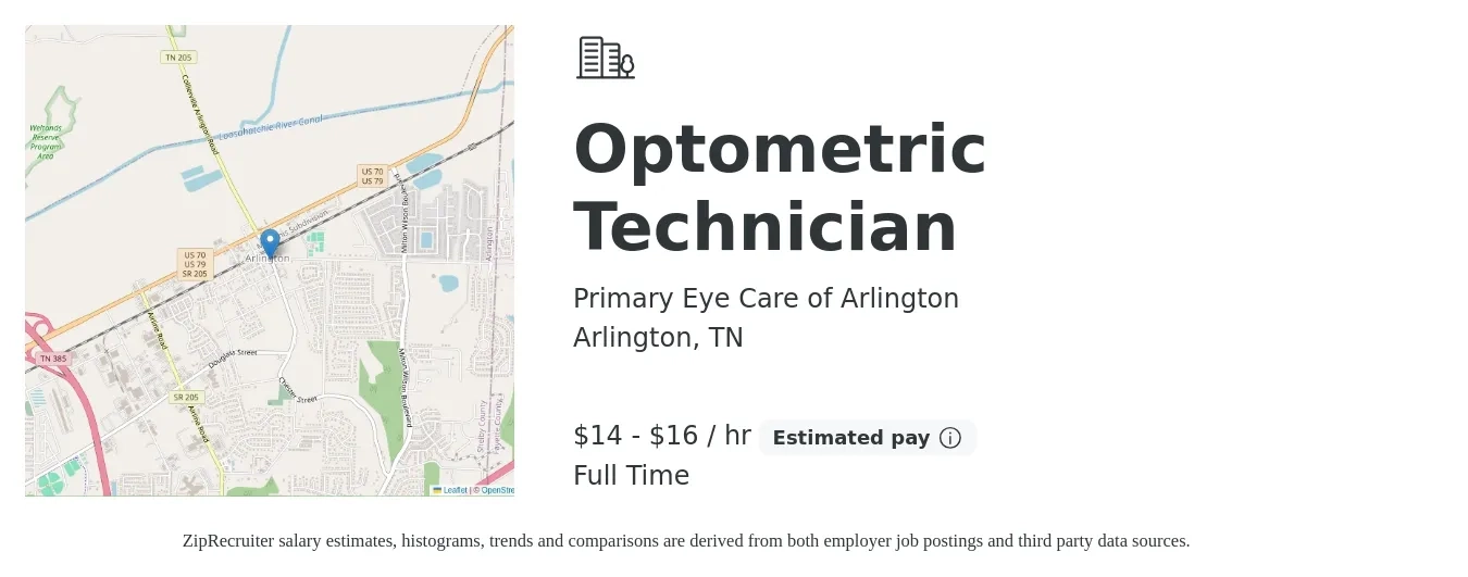 Primary Eye Care of Arlington job posting for a Optometric Technician in Arlington, TN with a salary of $15 to $17 Hourly with a map of Arlington location.