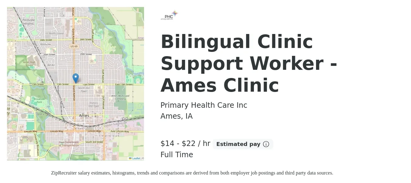 Primary Health Care Inc job posting for a Bilingual Clinic Support Worker - Ames Clinic in Ames, IA with a salary of $16 to $23 Hourly with a map of Ames location.