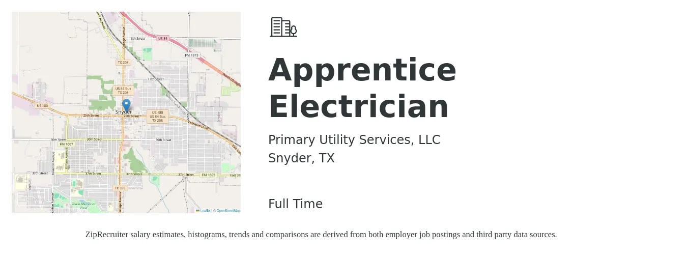 Primary Utility Services, LLC job posting for a Apprentice Electrician in Snyder, TX with a salary of $18 to $24 Hourly with a map of Snyder location.