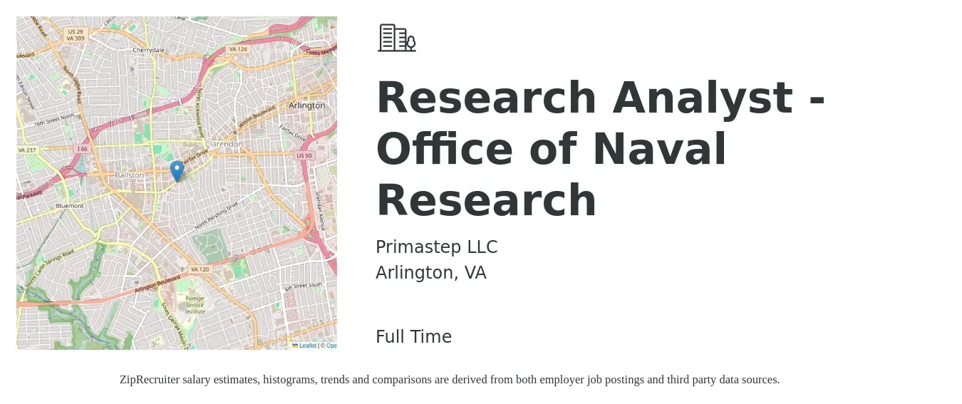 Primastep LLC job posting for a Research Analyst - Office of Naval Research in Arlington, VA with a salary of $65,600 to $113,300 Yearly with a map of Arlington location.