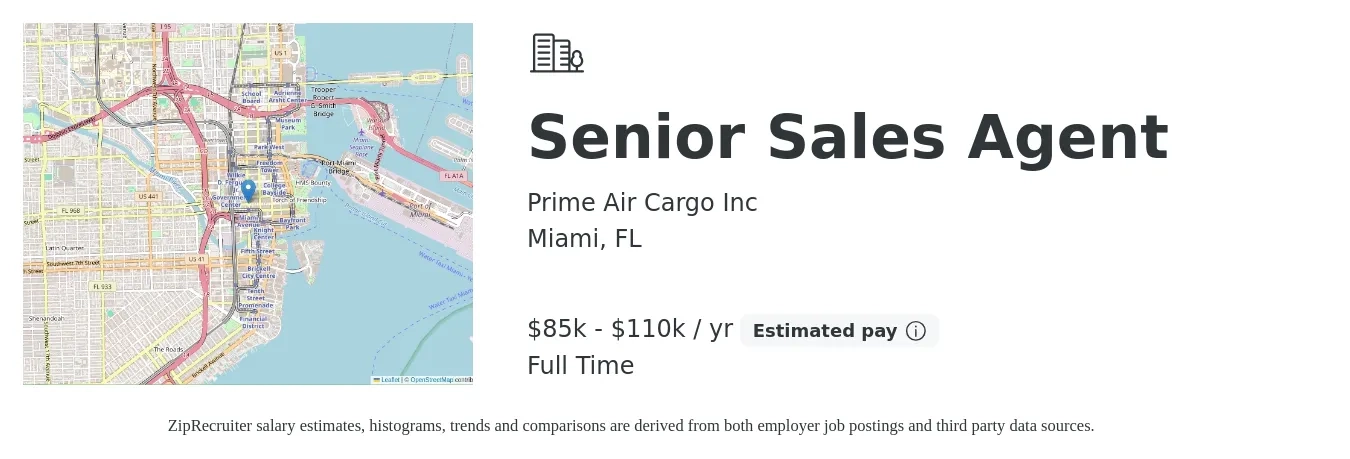 Prime Air Cargo Inc job posting for a Senior Sales Agent in Miami, FL with a salary of $85,000 to $110,000 Yearly with a map of Miami location.