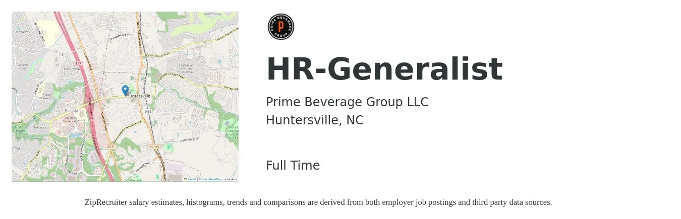 Prime Beverage Group LLC job posting for a HR-Generalist in Huntersville, NC with a salary of $48,900 to $69,500 Yearly with a map of Huntersville location.